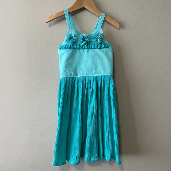 Handmade Children's 100% Cotton Embellished Blue Crossed Straps Dress - Picture 1 of 12